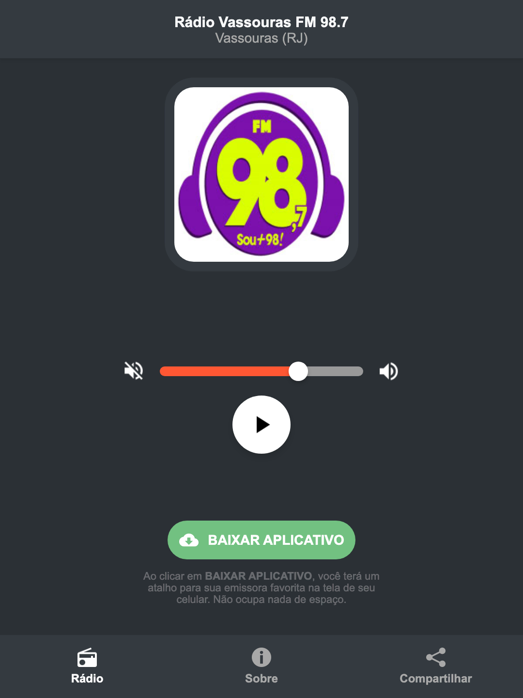Screenshot do aplicativo da Rádio Vassouras FM 98.7