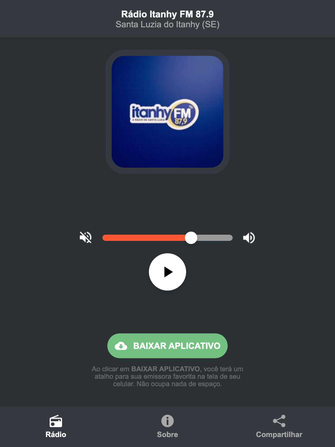 Screenshot do aplicativo da Rádio Itanhy FM 87.9