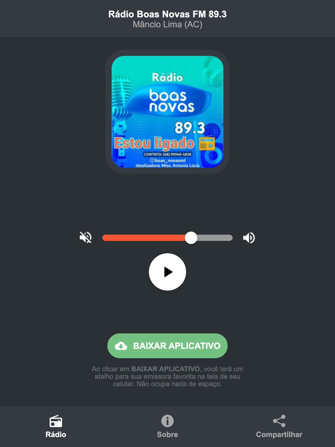 Screenshot do aplicativo da Rádio Boas Novas FM 89.3