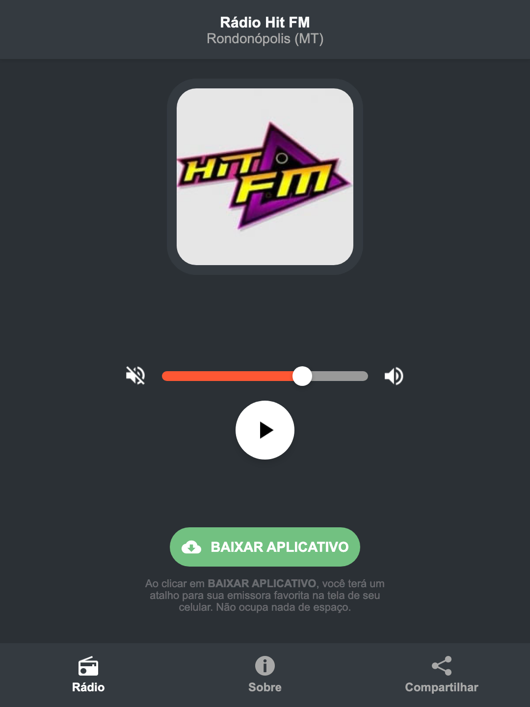 Screenshot do aplicativo da Rádio Hit FM
