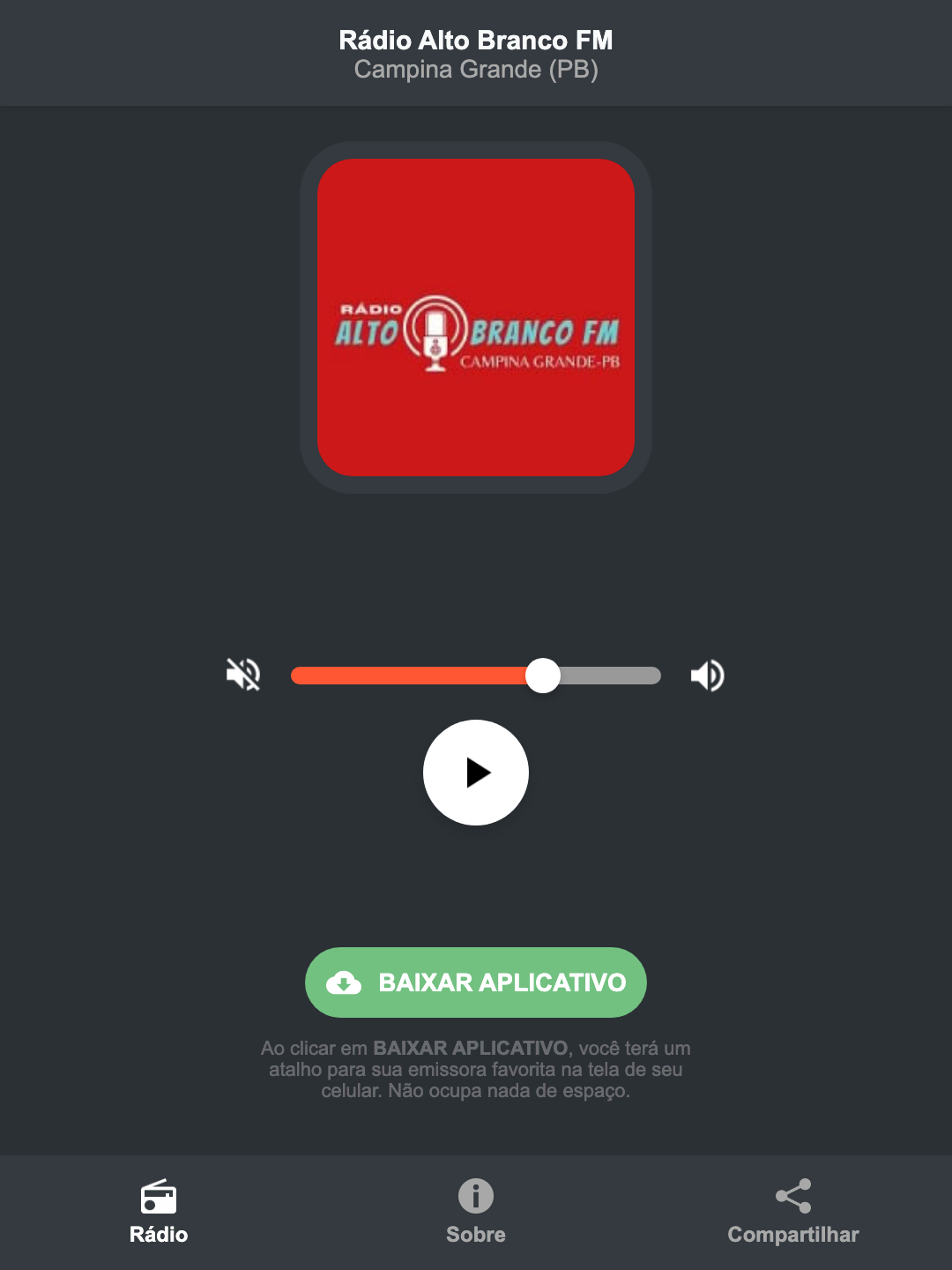 Screenshot do aplicativo da Rádio Alto Branco FM
