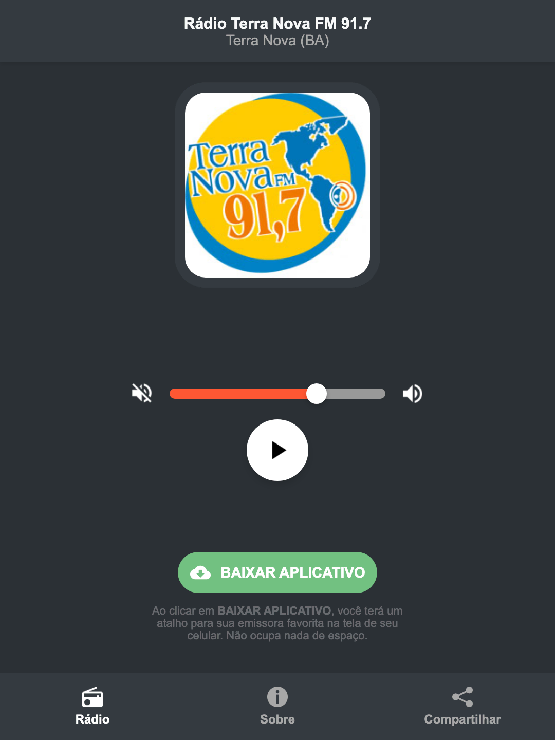 Screenshot do aplicativo da Rádio Terra Nova FM 91.7
