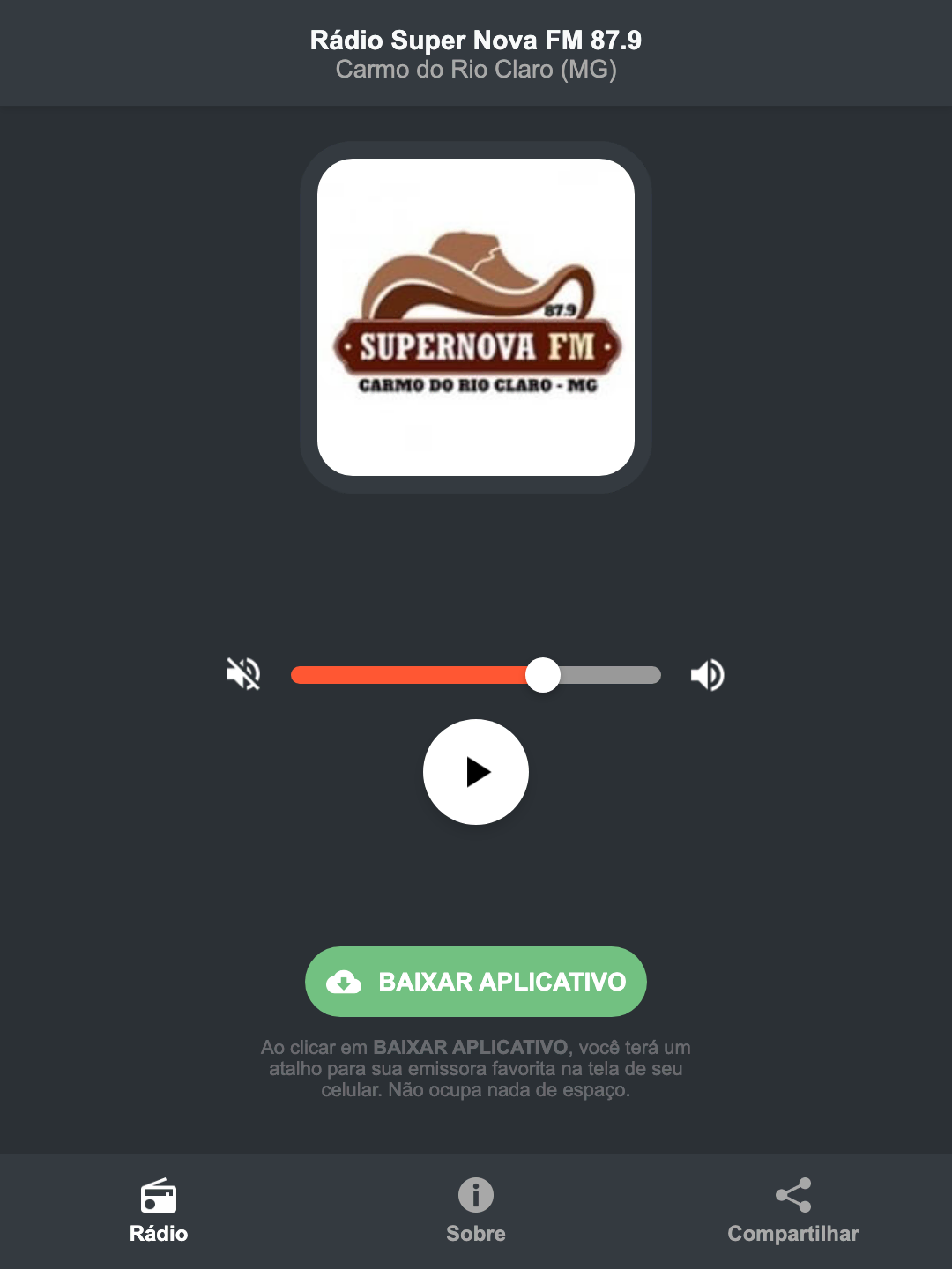 Screenshot do aplicativo da Rádio Super Nova FM 87.9