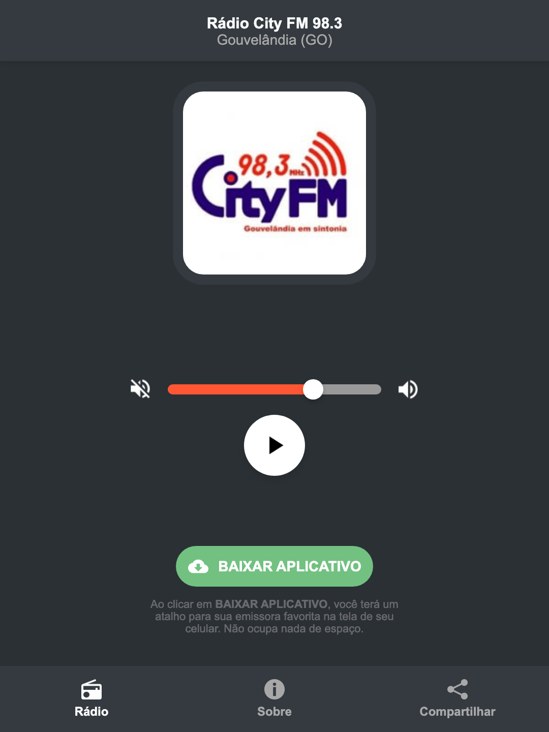 Screenshot do aplicativo da Rádio City FM 98.3