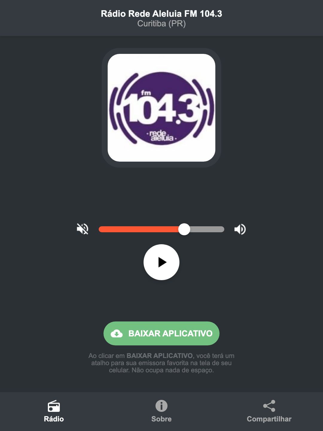 Screenshot do aplicativo da Rádio Rede Aleluia FM 104.3
