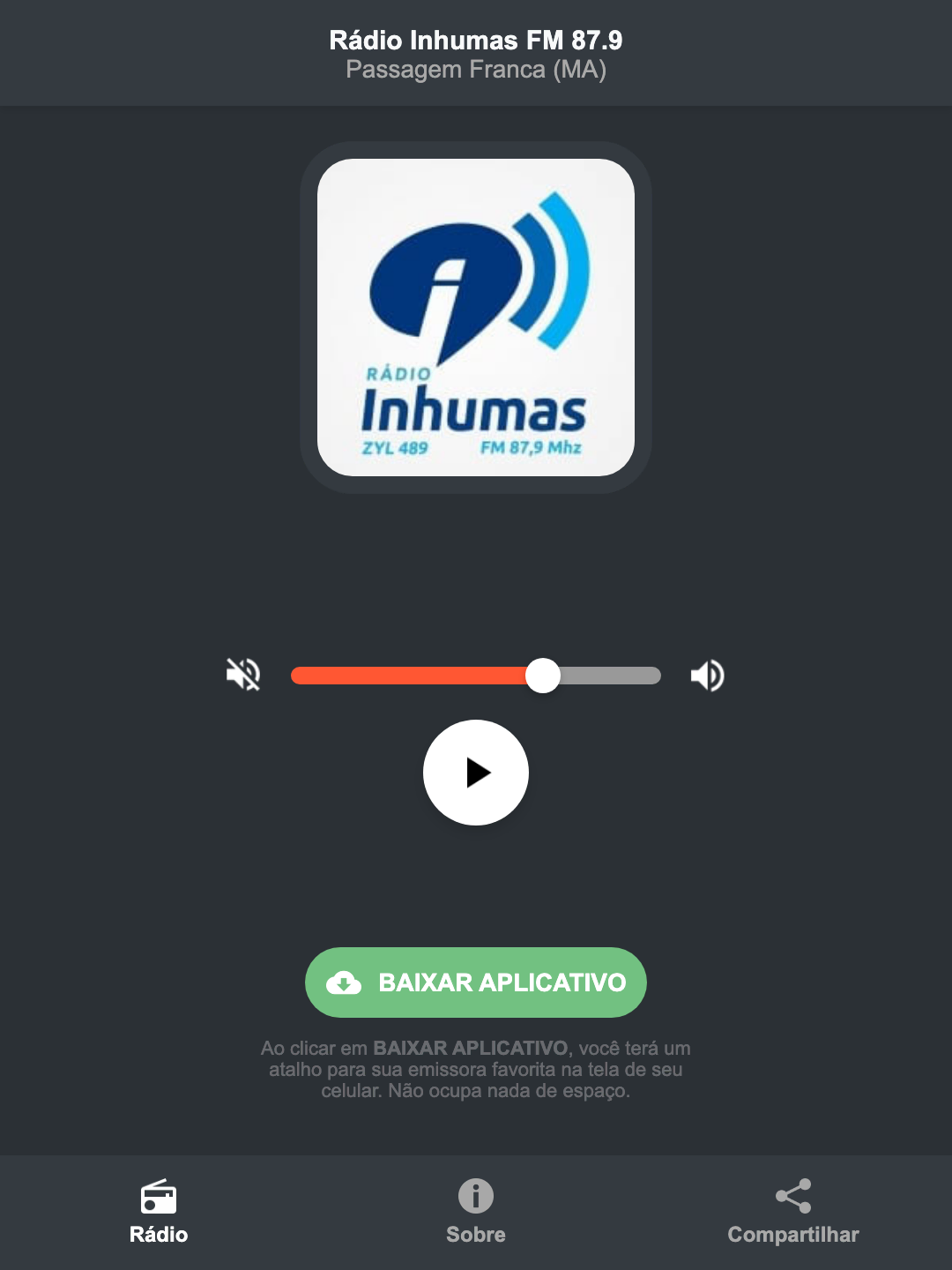 Screenshot do aplicativo da Rádio Inhumas FM 87.9