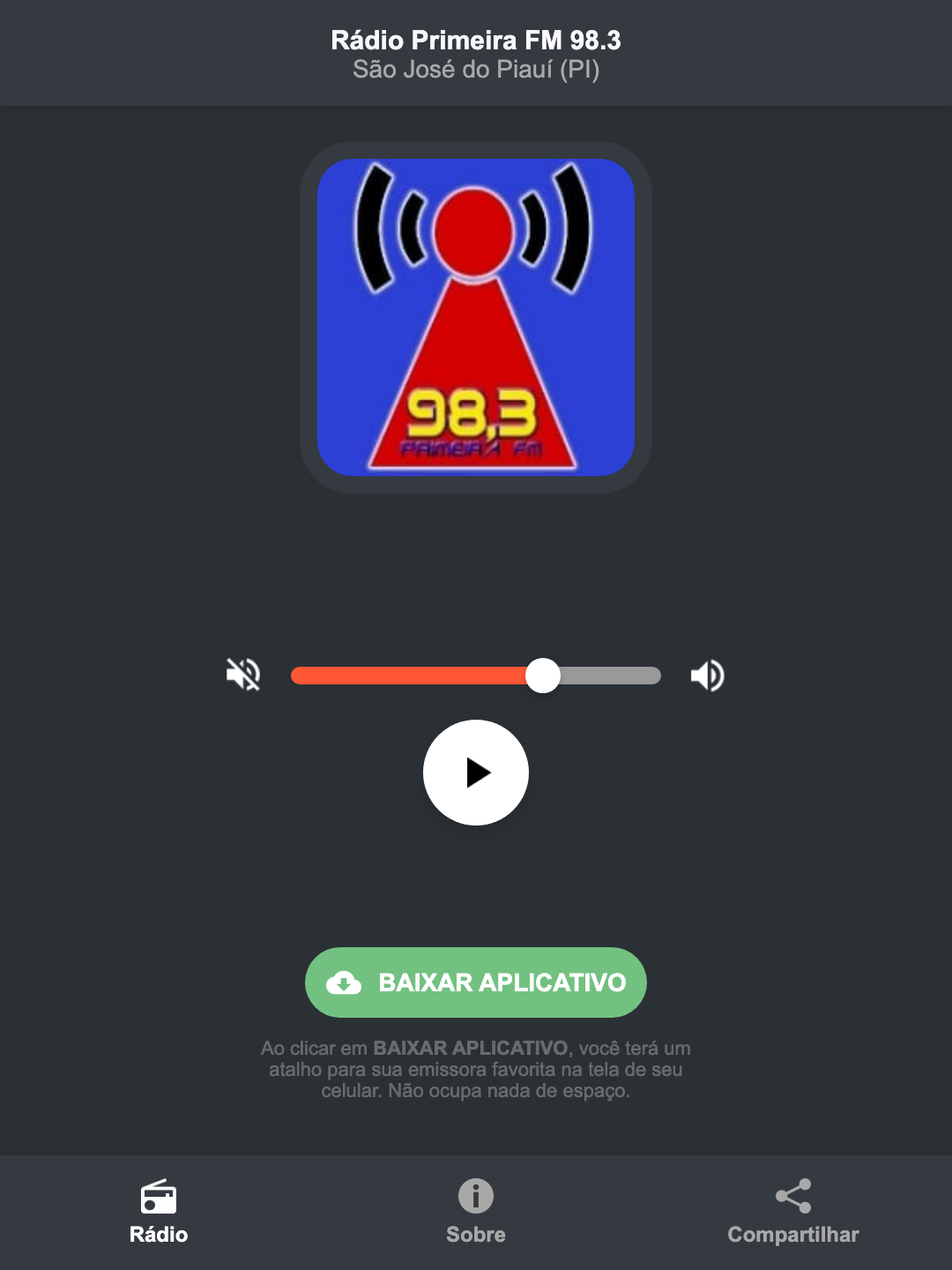 Screenshot do aplicativo da Rádio Primeira FM 98.3