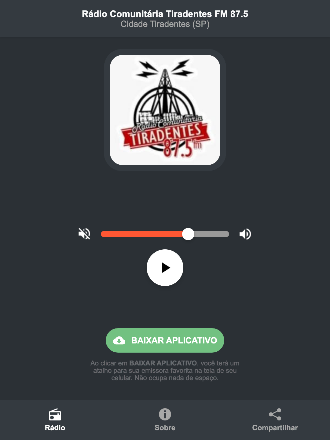 Screenshot do aplicativo da Rádio Comunitária Tiradentes FM 87.5
