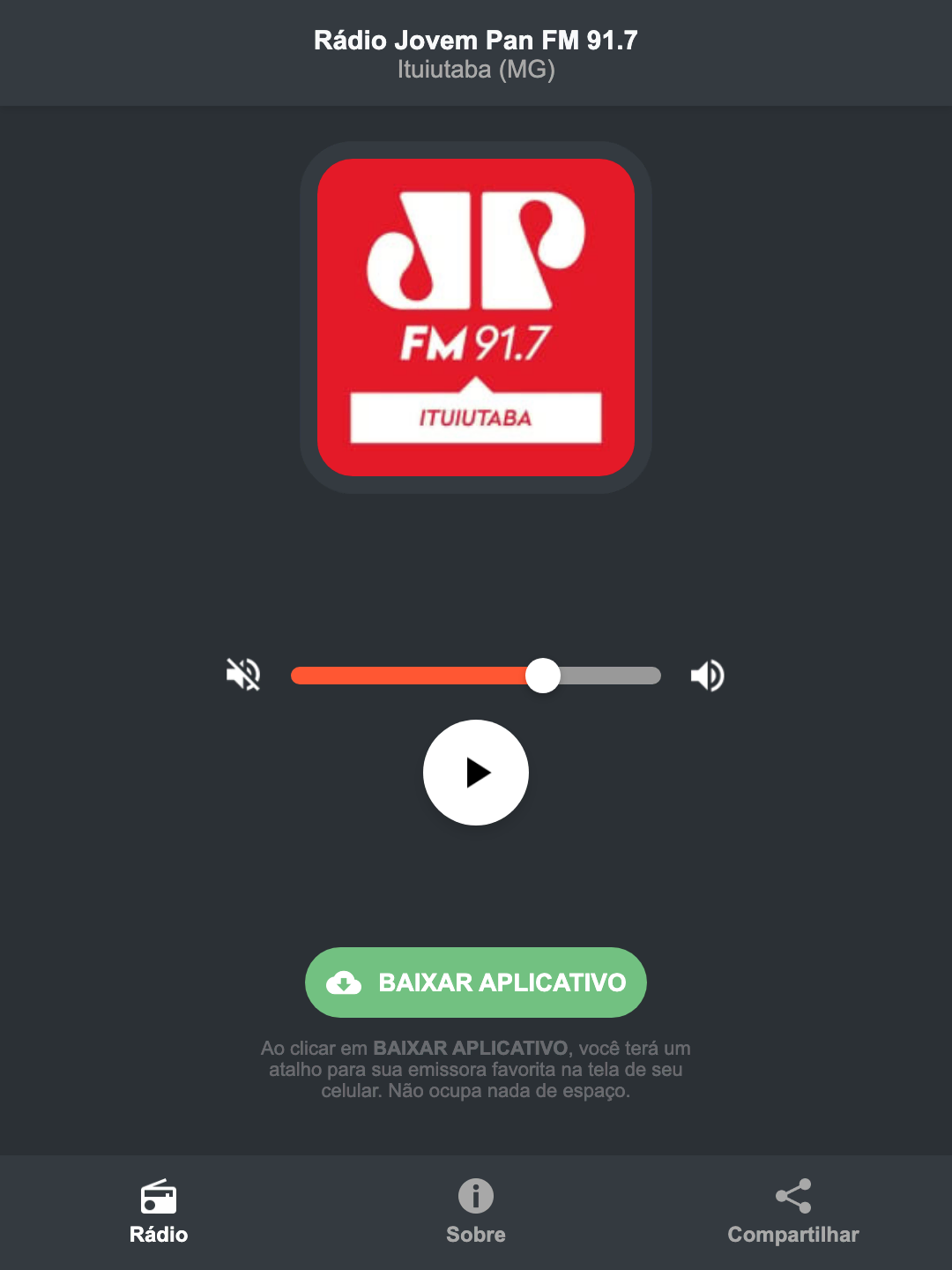 Screenshot do aplicativo da Rádio Jovem Pan FM 91.7