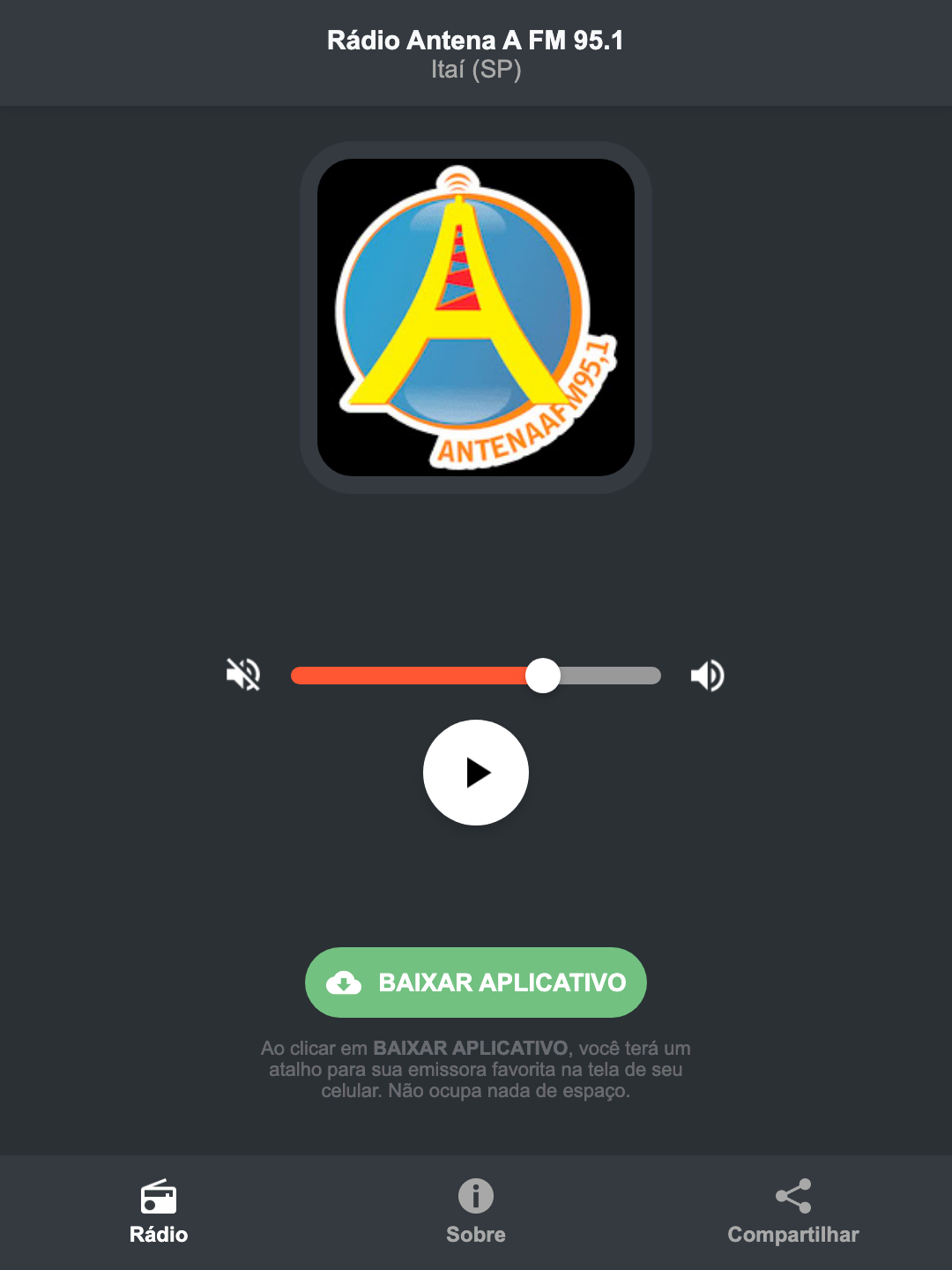 Screenshot do aplicativo da Rádio Antena A FM 95.1