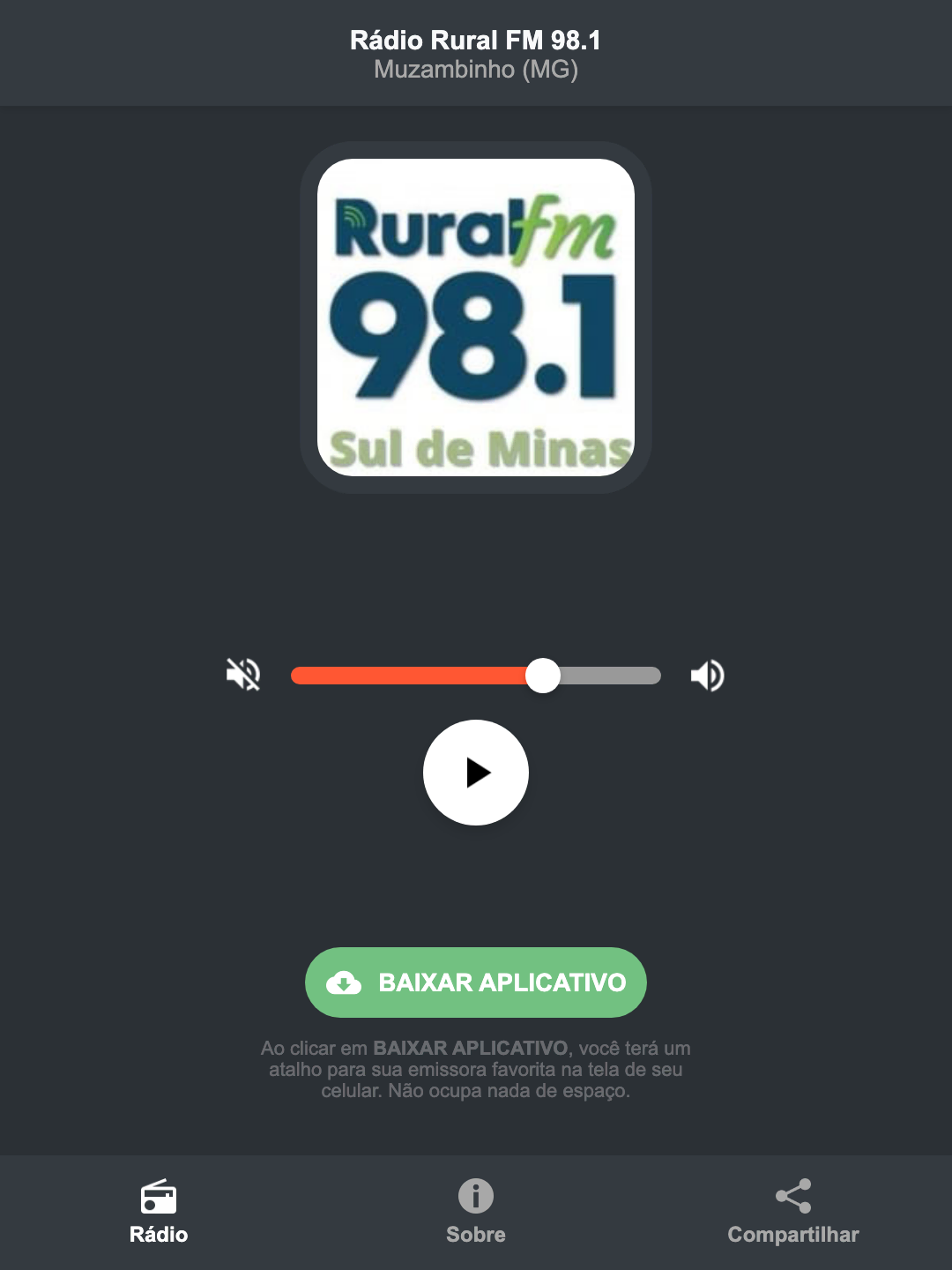 Screenshot do aplicativo da Rádio Rural FM 98.1