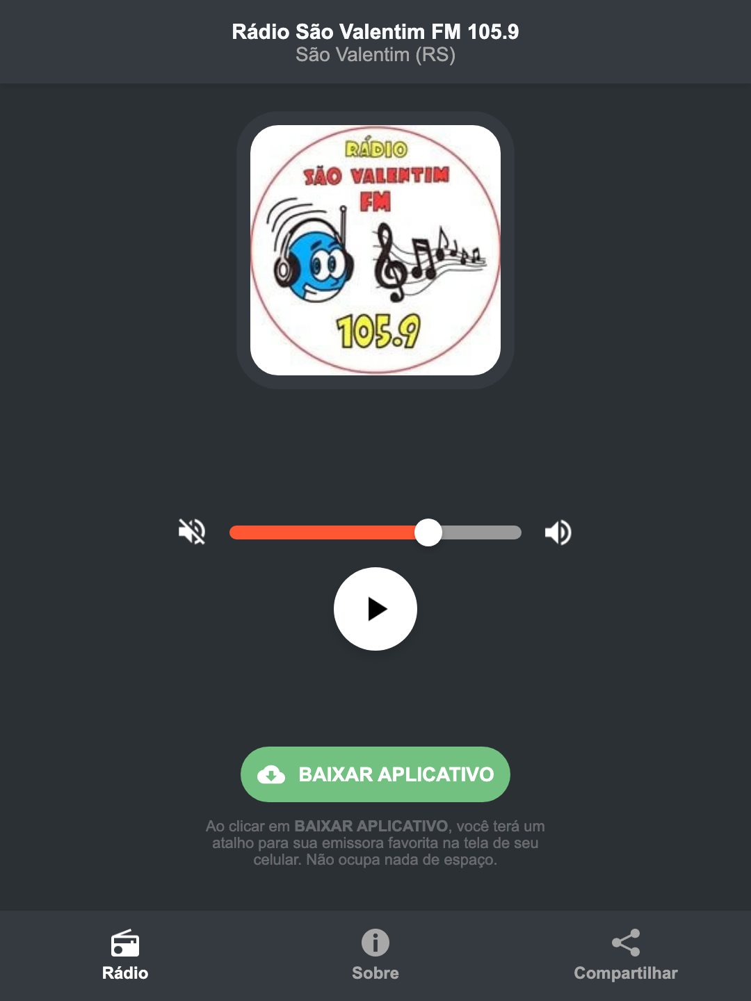 Screenshot do aplicativo da Rádio São Valentim FM 105.9