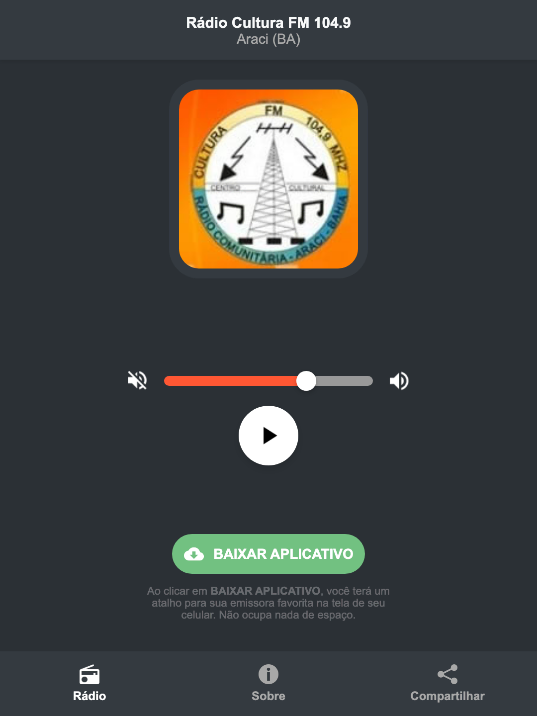 Screenshot do aplicativo da Rádio Cultura FM 104.9