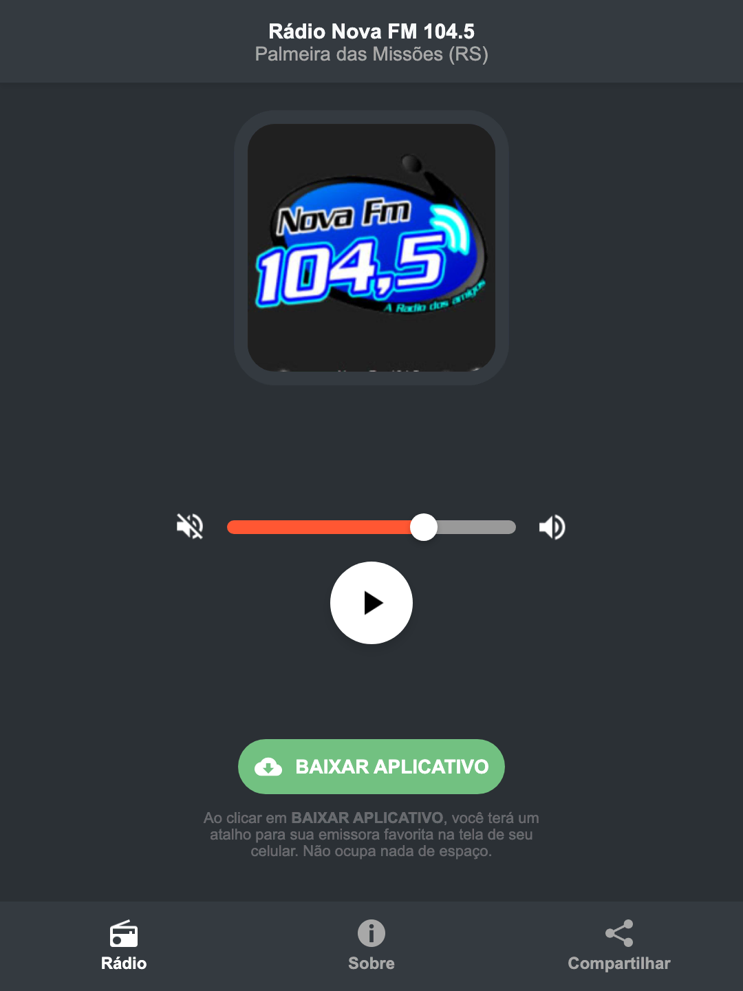 Screenshot do aplicativo da Rádio Nova FM 104.5