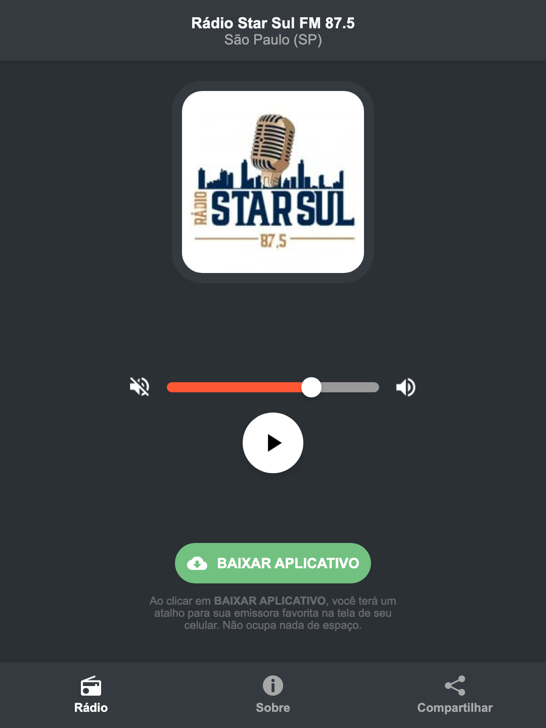 Screenshot do aplicativo da Rádio Star Sul FM 87.5