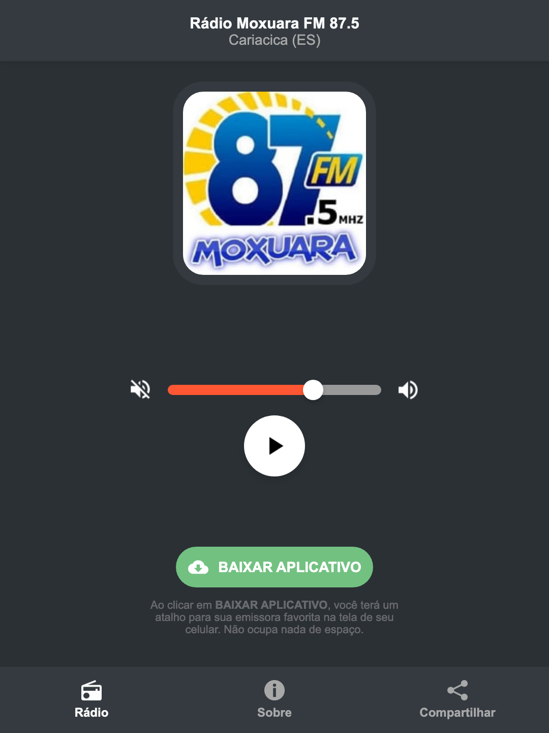 Screenshot do aplicativo da Rádio Moxuara FM 87.5