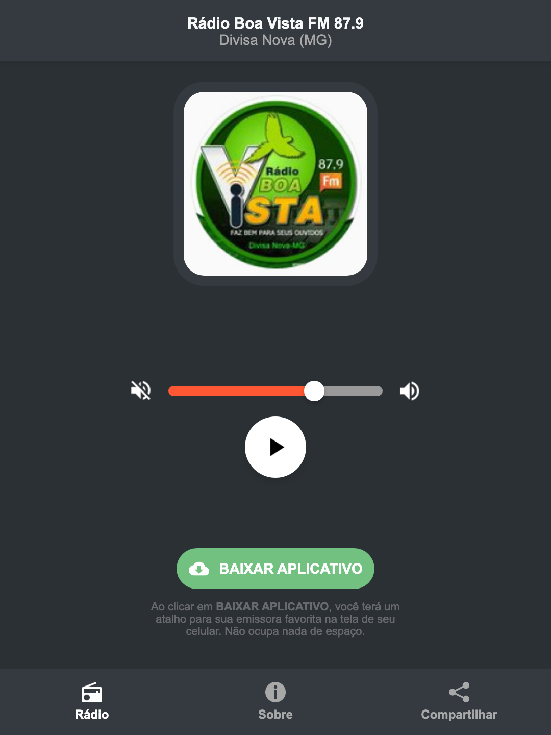 Screenshot do aplicativo da Rádio Boa Vista FM 87.9