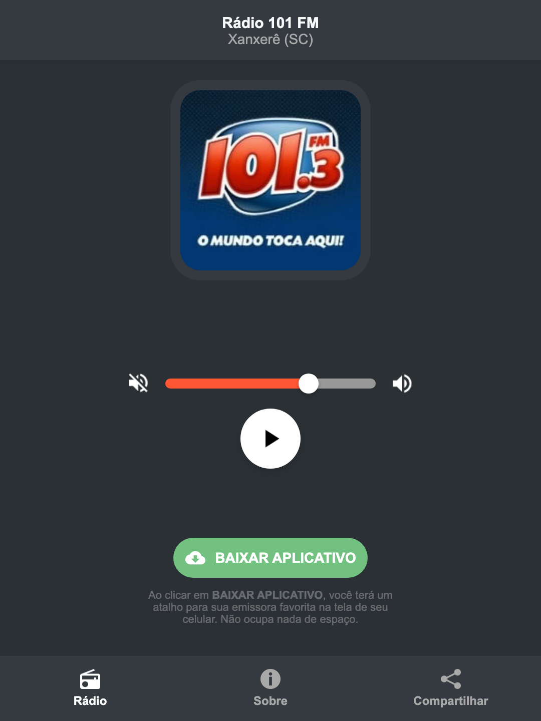 Screenshot do aplicativo da Rádio 101 FM