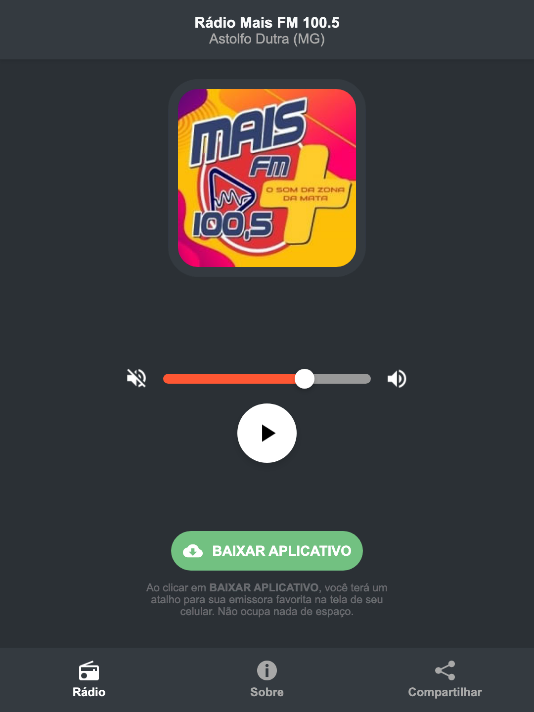 Screenshot do aplicativo da Rádio Mais FM 100.5