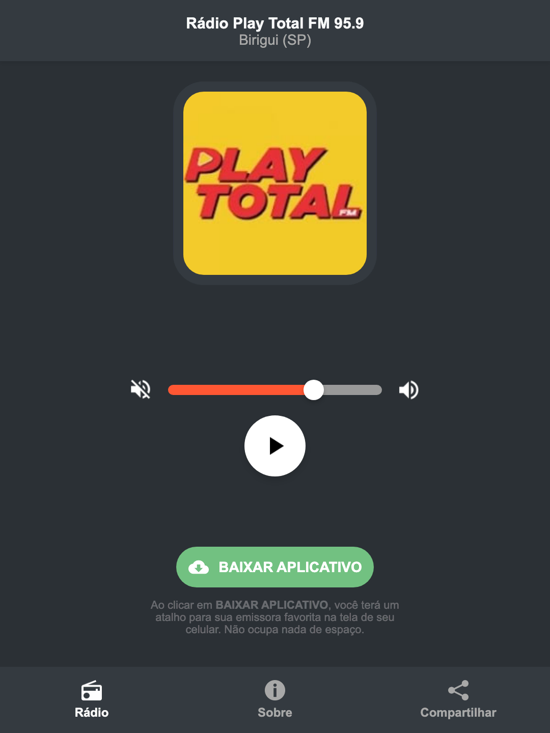 Screenshot do aplicativo da Rádio Play Total FM 95.9