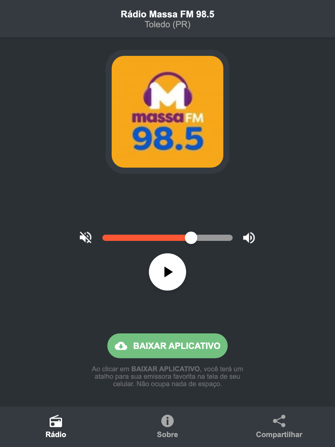 Screenshot do aplicativo da Rádio Massa FM 98.5
