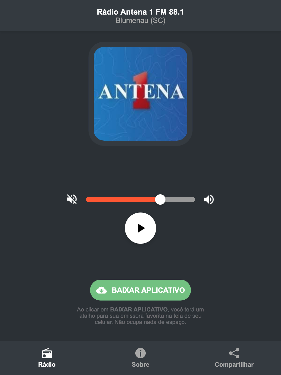 Screenshot do aplicativo da Rádio Antena 1 FM 88.1