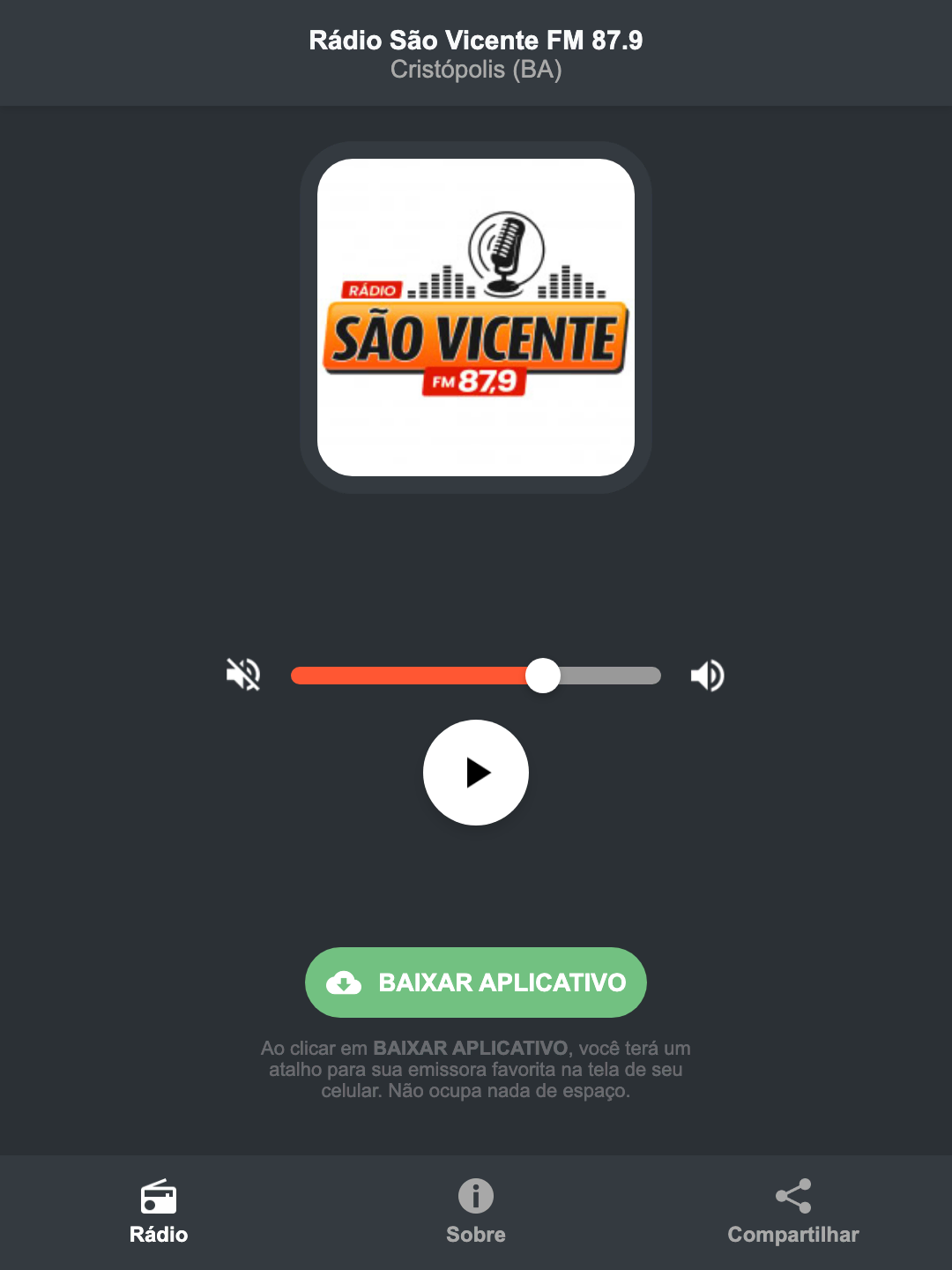 Screenshot do aplicativo da Rádio São Vicente FM 87.9