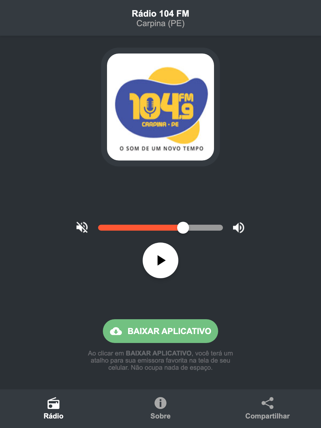 Screenshot do aplicativo da Rádio 104 FM