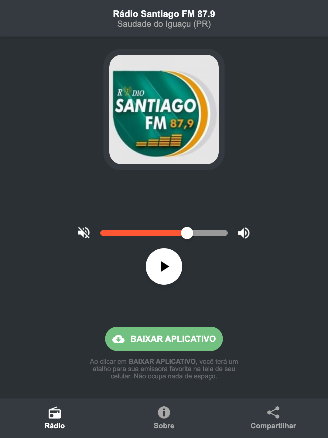 Screenshot do aplicativo da Rádio Santiago FM 87.9