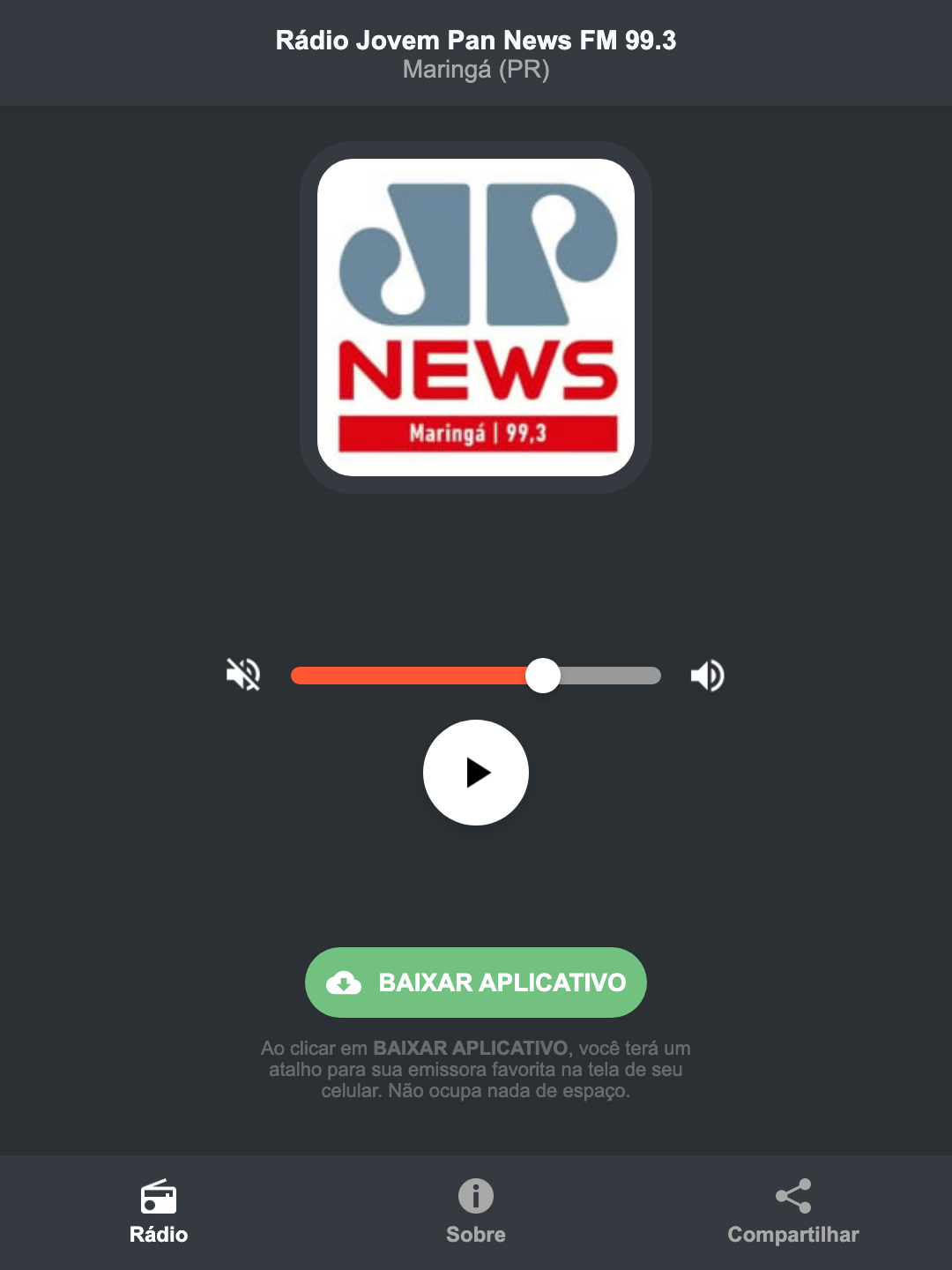 Screenshot do aplicativo da Rádio Jovem Pan News FM 99.3