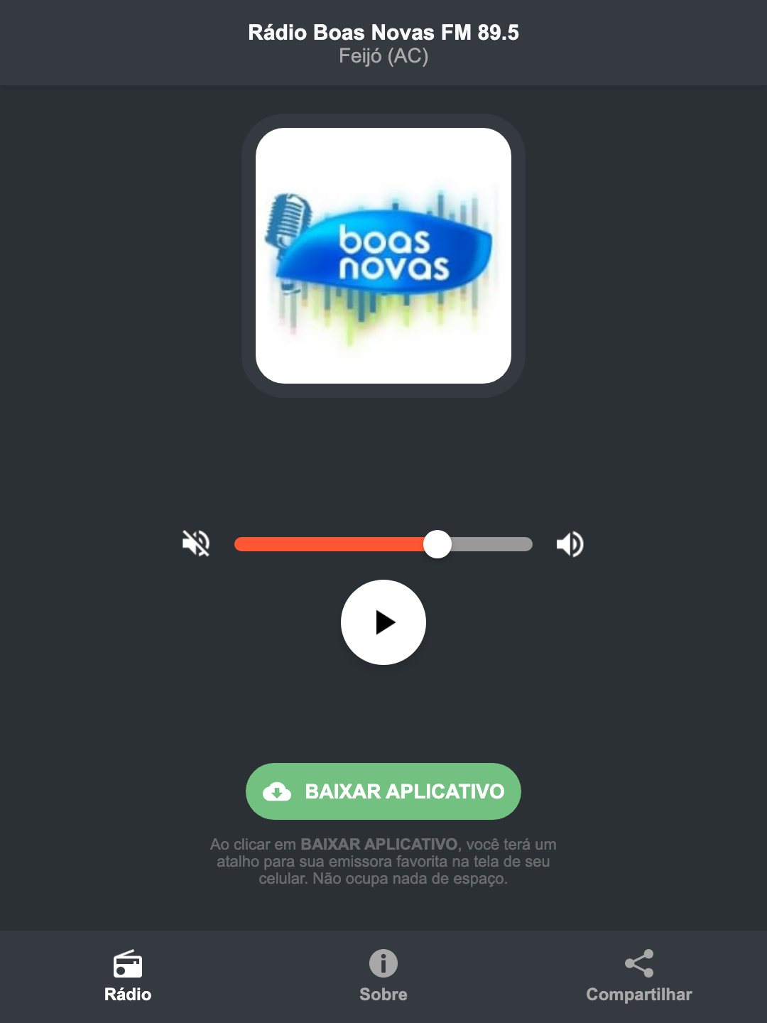 Screenshot do aplicativo da Rádio Boas Novas FM 89.5