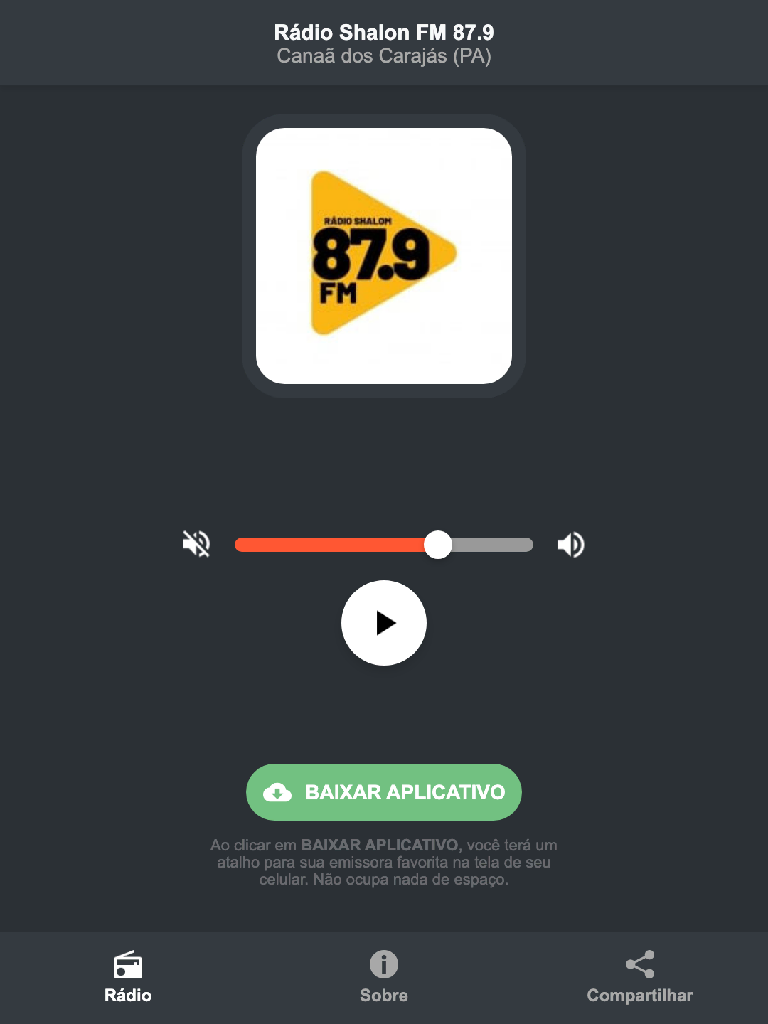 Screenshot do aplicativo da Rádio Shalon FM 87.9