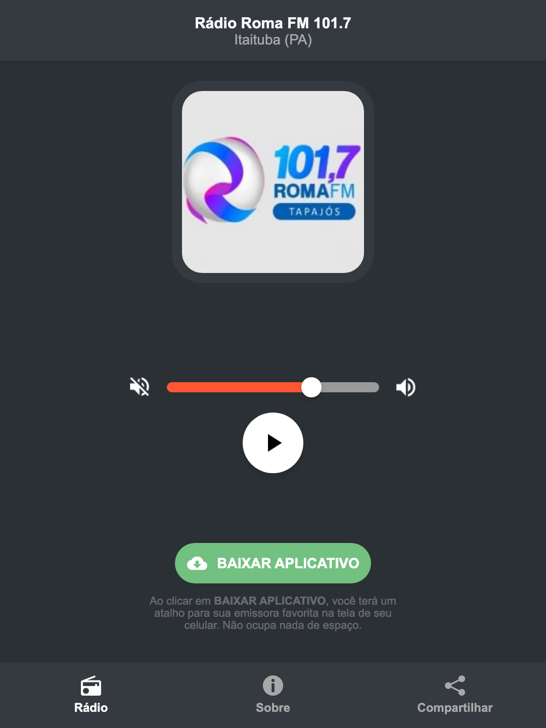 Screenshot do aplicativo da Rádio Roma FM 101.7