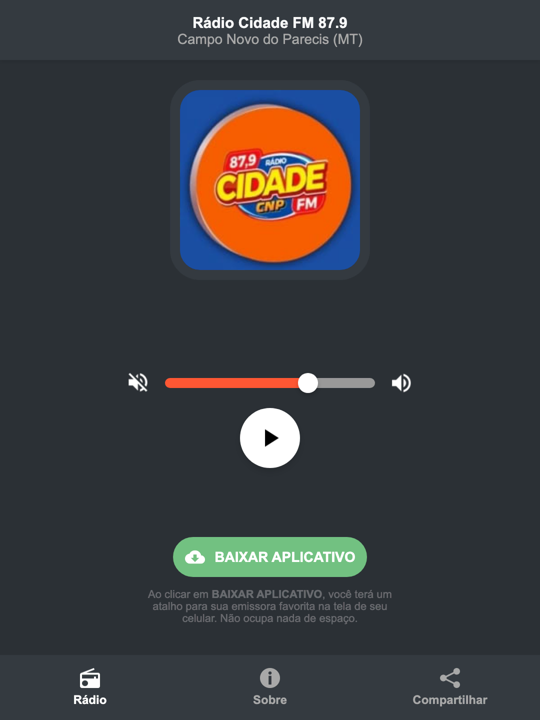 Screenshot do aplicativo da Rádio Cidade FM 87.9