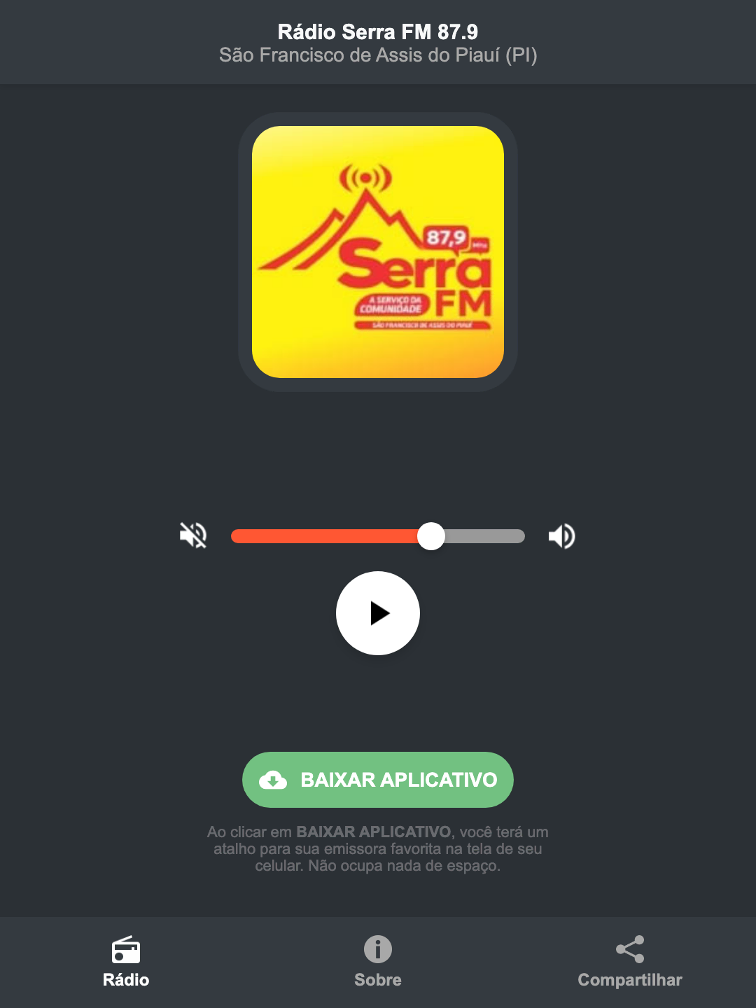 Screenshot do aplicativo da Rádio Serra FM 87.9