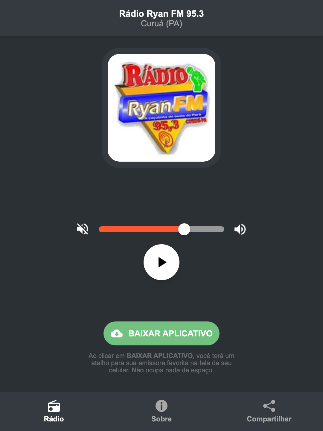 Screenshot do aplicativo da Rádio Ryan FM 95.3