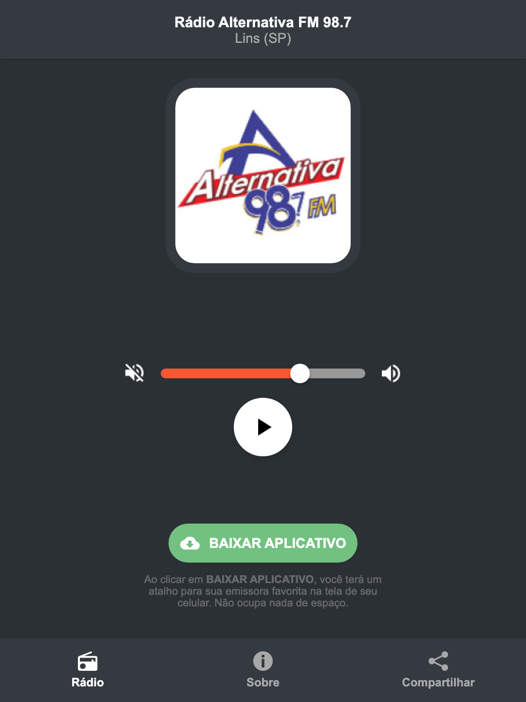 Screenshot do aplicativo da Rádio Alternativa FM 98.7