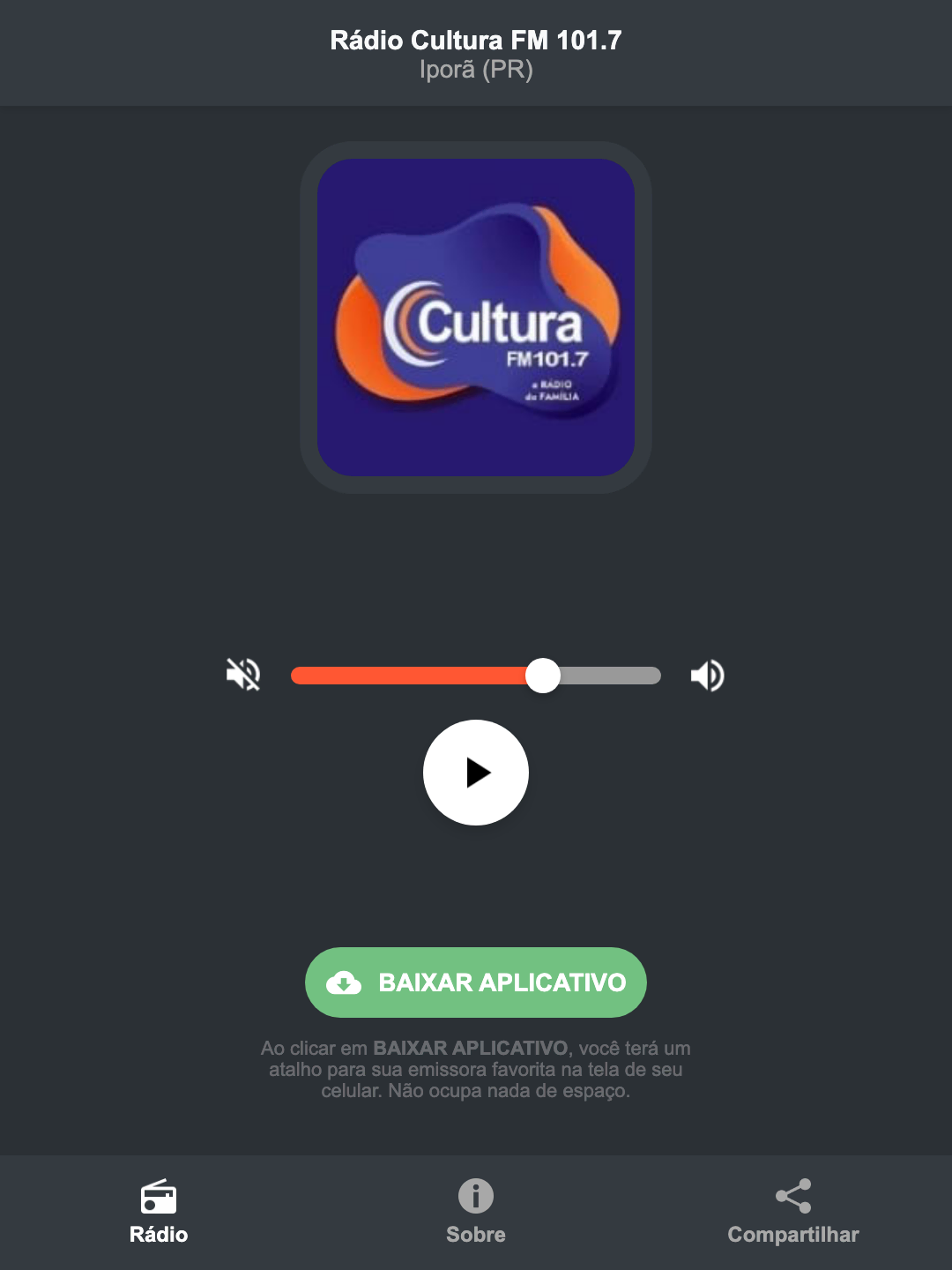 Screenshot do aplicativo da Rádio Cultura FM 101.7