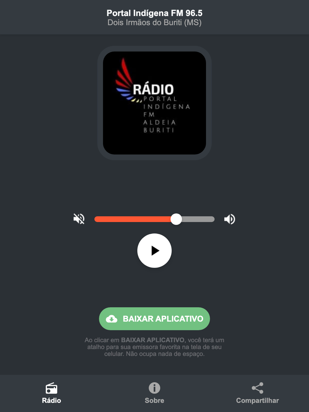 Screenshot do aplicativo da Portal Indígena FM 96.5