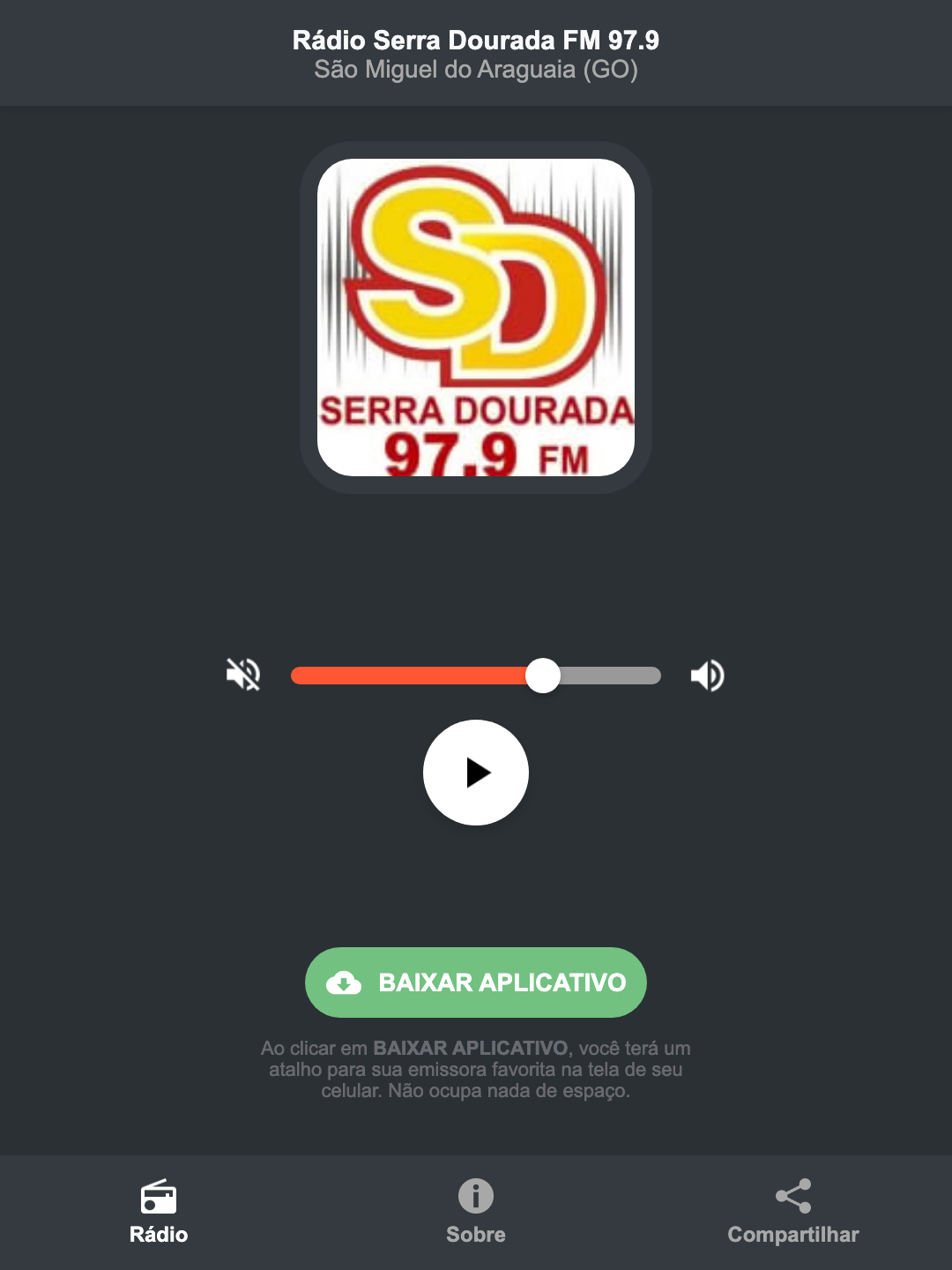 Screenshot do aplicativo da Rádio Serra Dourada FM 97.9