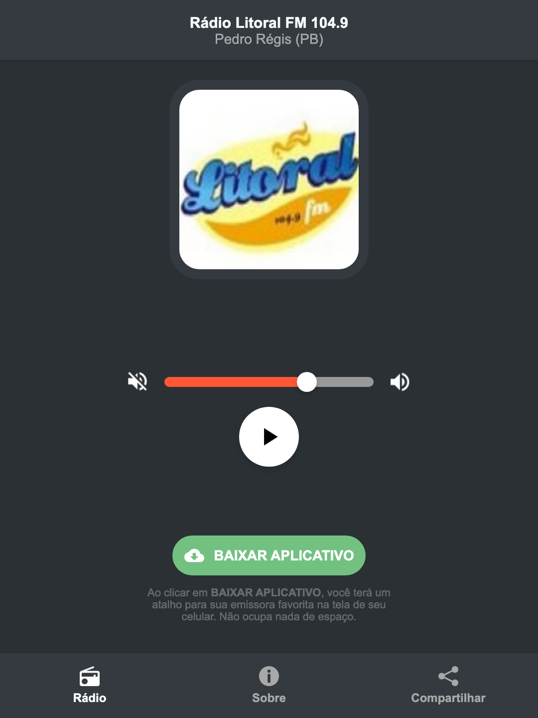 Screenshot do aplicativo da Rádio Litoral FM 104.9