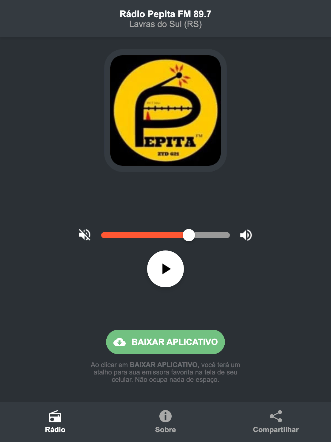 Screenshot do aplicativo da Rádio Pepita FM 89.7