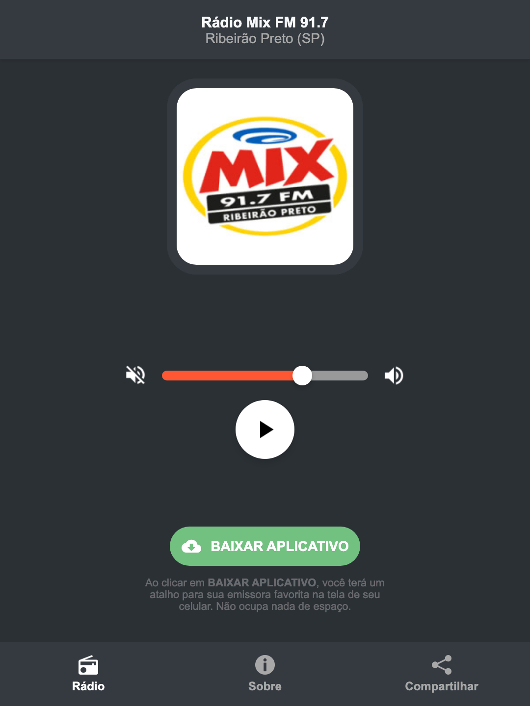 Screenshot do aplicativo da Rádio Mix FM 91.7
