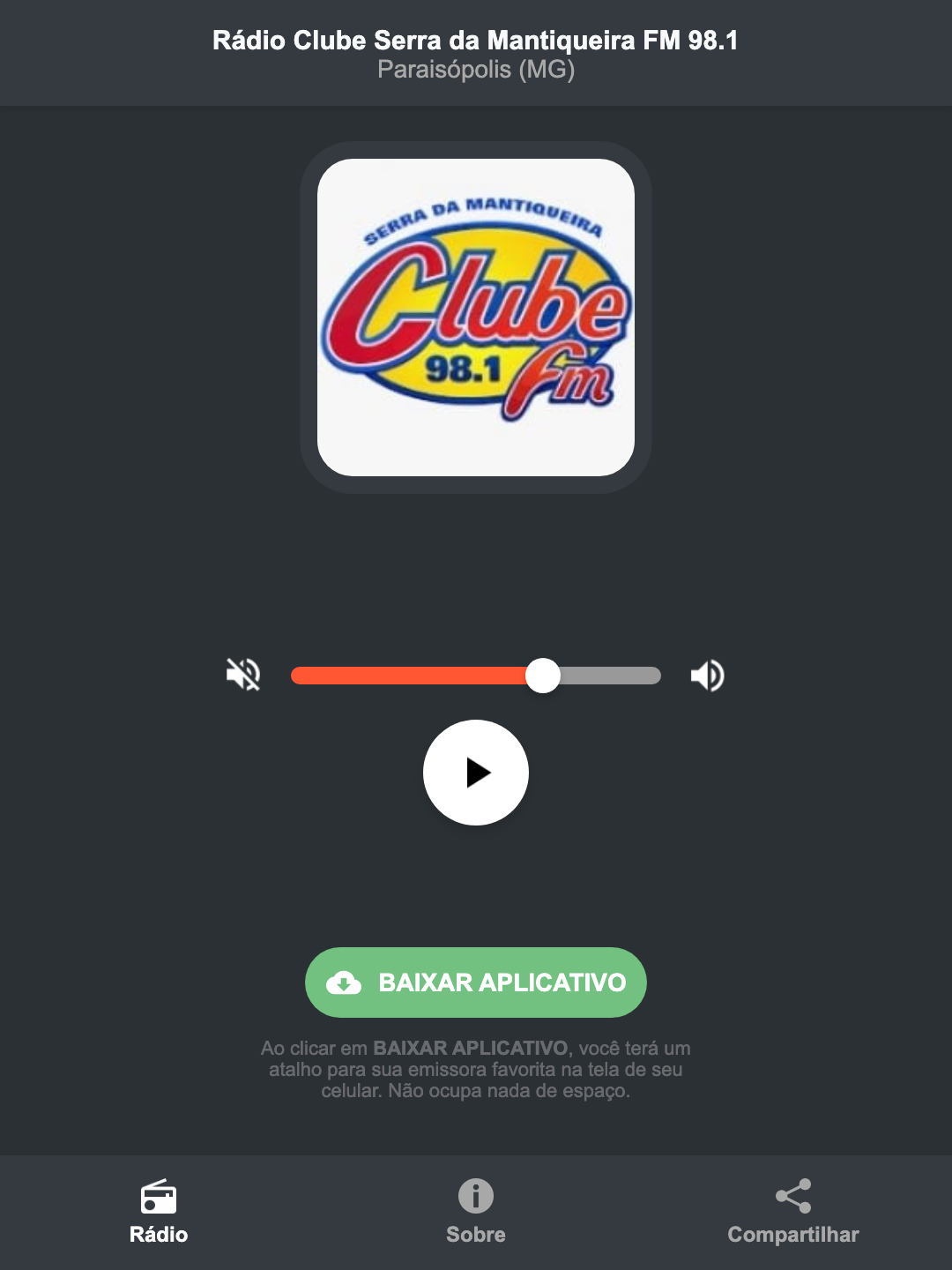 Screenshot do aplicativo da Rádio Clube Serra da Mantiqueira FM 98.1