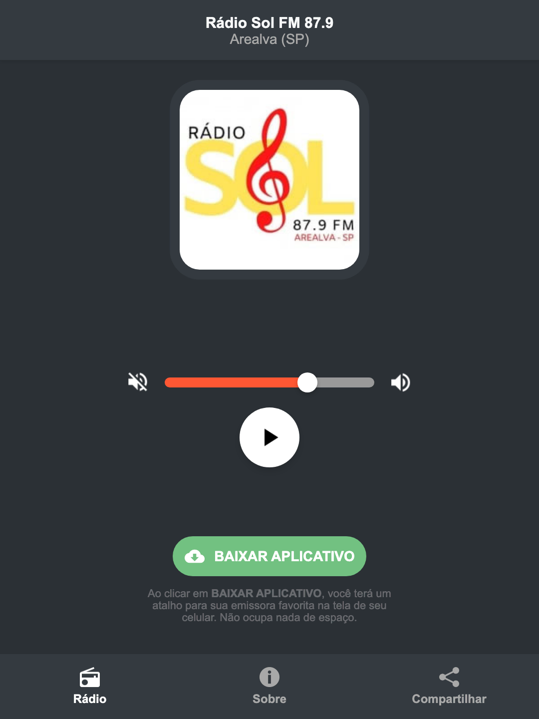 Screenshot do aplicativo da Rádio Sol FM 87.9