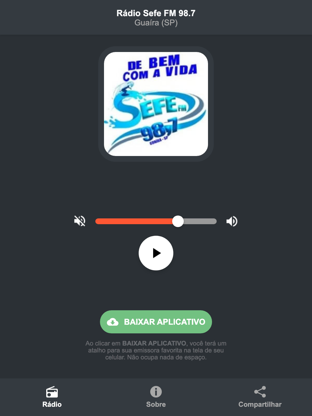 Screenshot do aplicativo da Rádio Sefe FM 98.7