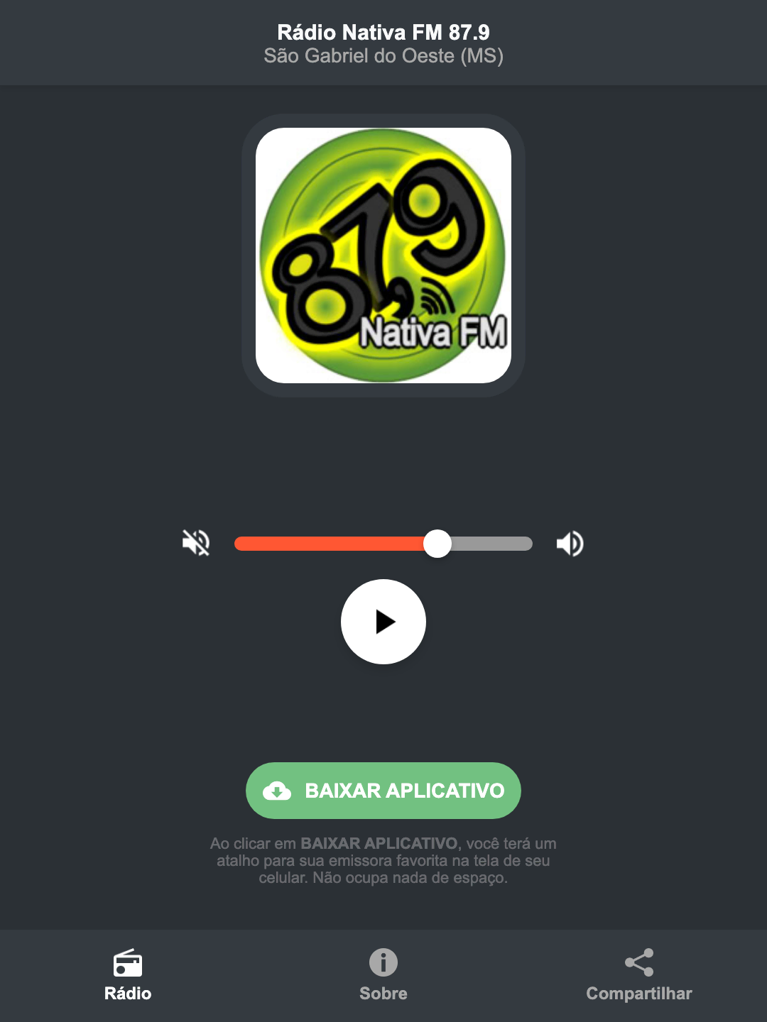 Screenshot do aplicativo da Rádio Nativa FM 87.9