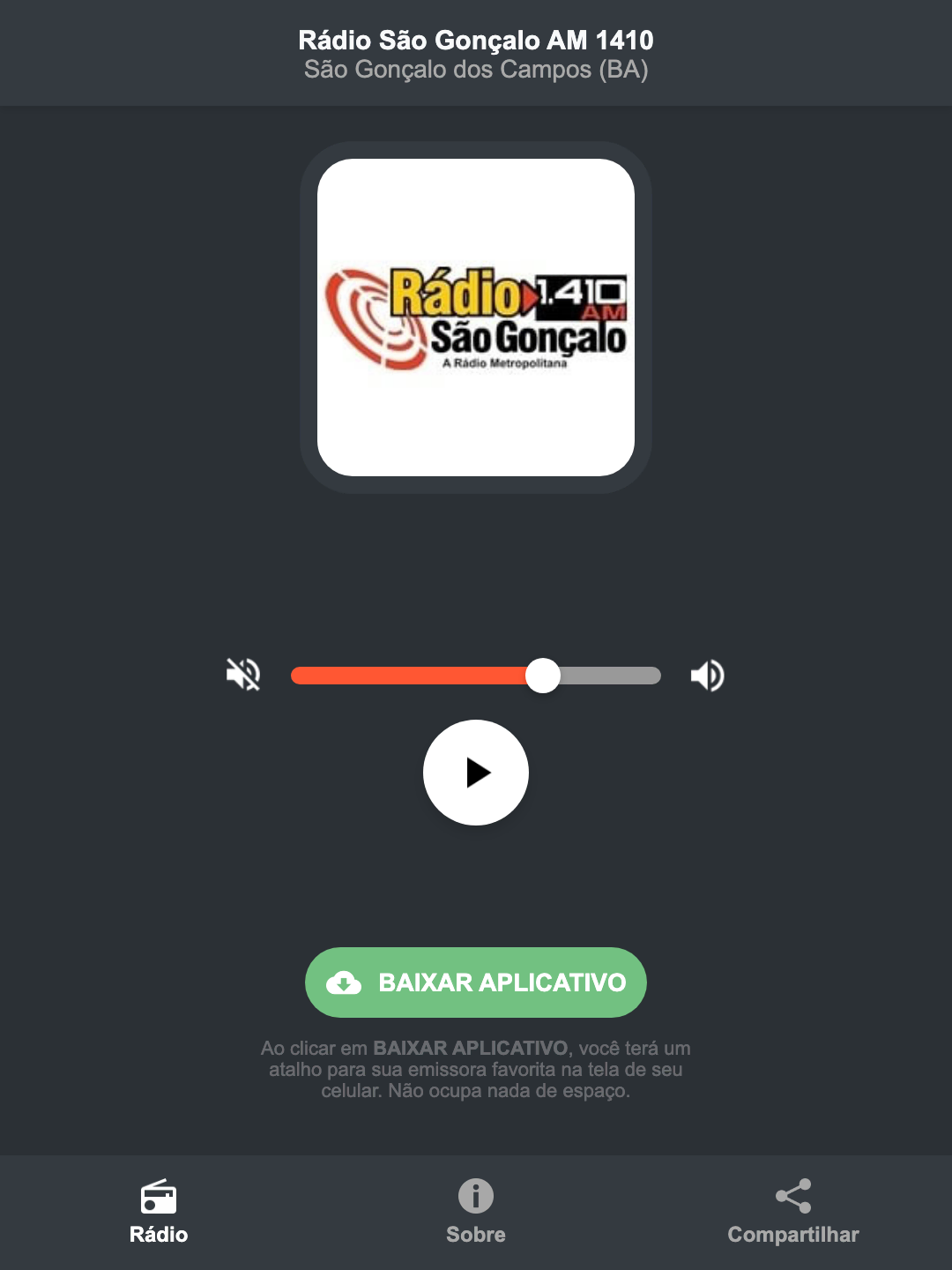 Screenshot do aplicativo da Rádio São Gonçalo AM 1410