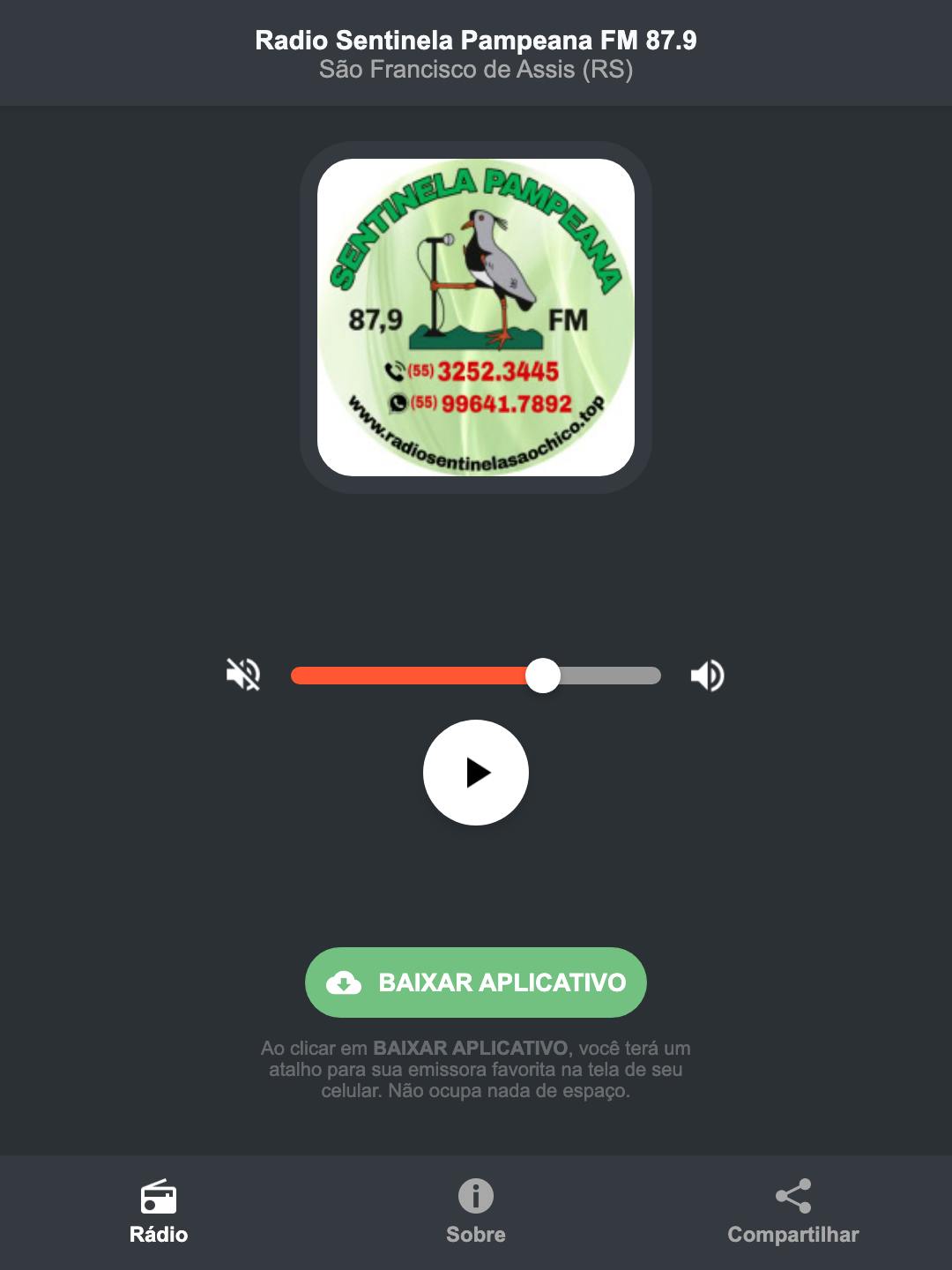 Screenshot do aplicativo da Radio Sentinela Pampeana FM 87.9