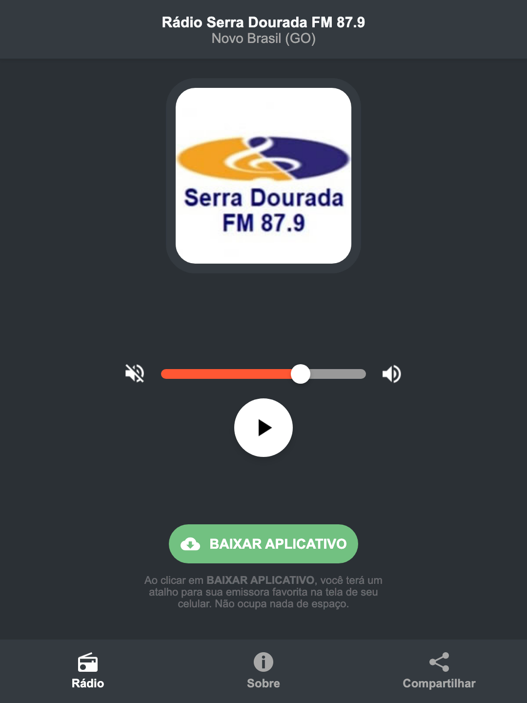 Screenshot do aplicativo da Rádio Serra Dourada FM 87.9